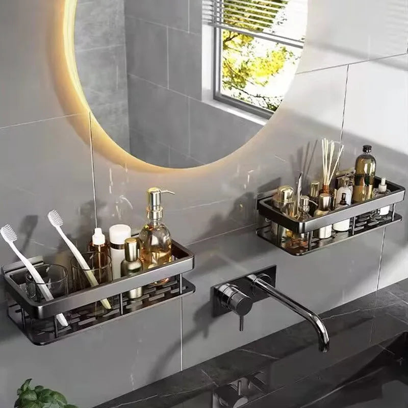 Goldene doppelte Aluminiumregale, keine Stanzlöcher, Badezimmer, Küche, Aufbewahrungsorganisator, langlebig, einfach zu installieren, platzsparend, modernes Design