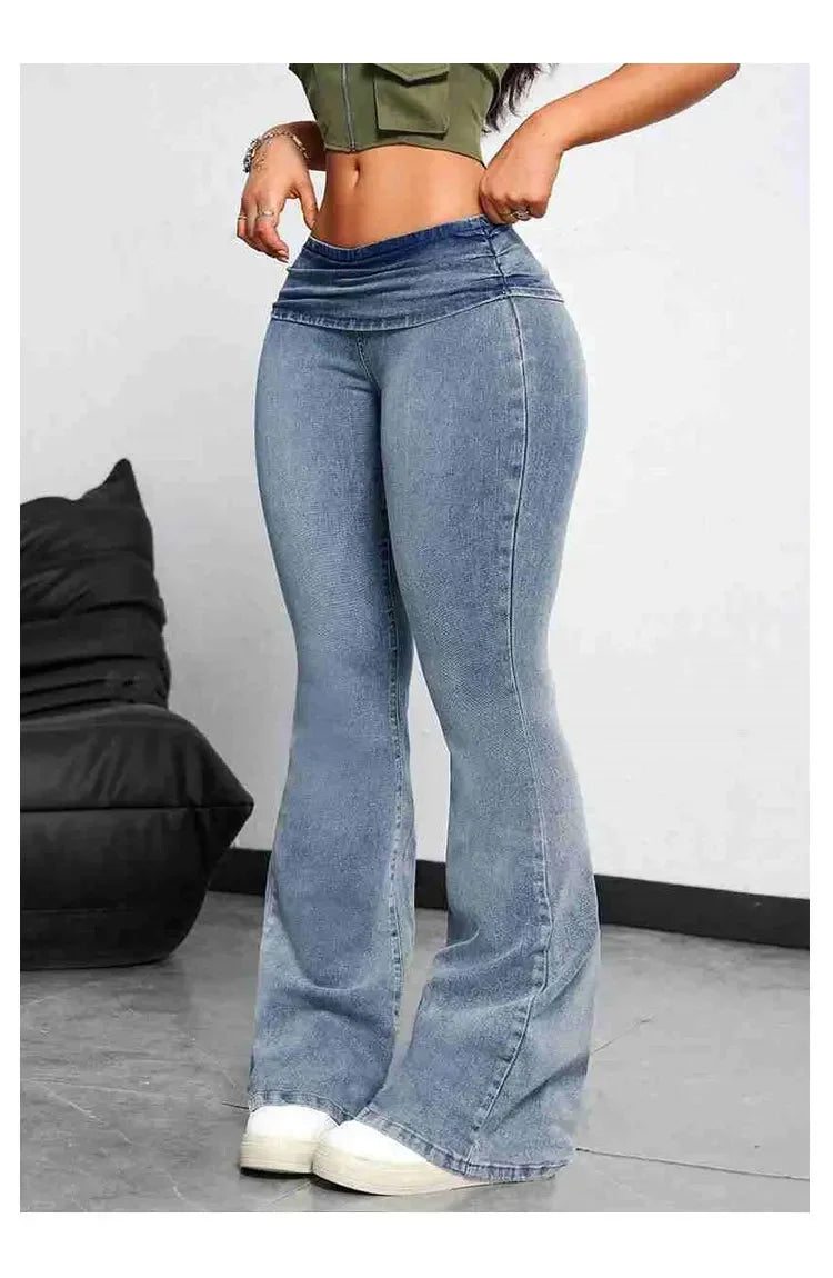 Sexy Peach Hip Jeans Women's Tight Elastic Trousers Slimming Booty Lifting High-Waisted Micro Bell Bottom Pants.