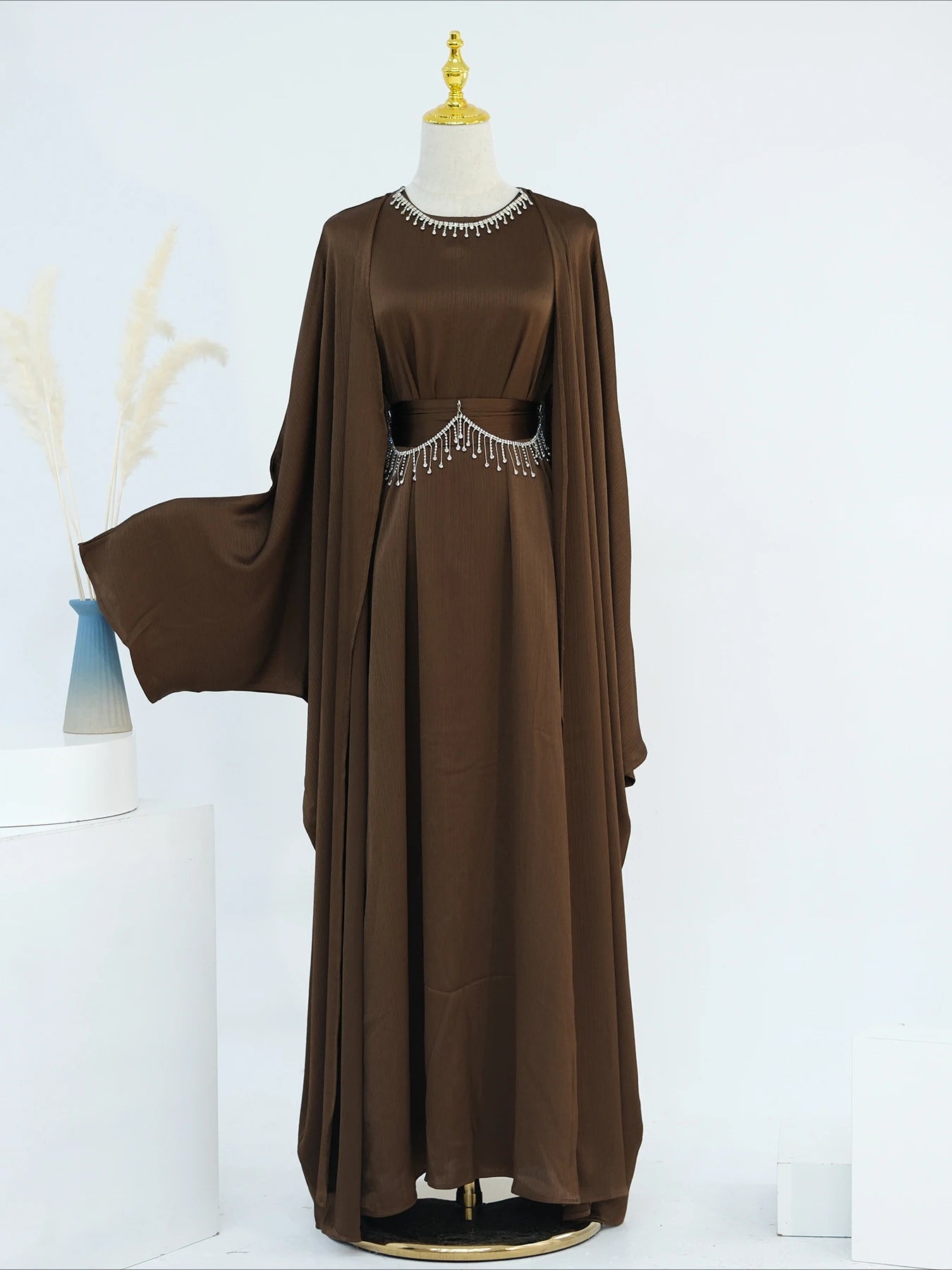 Ramadan Muslim Women 2 Piece Set with Chain Party Dresses Abaya Eid Jalabiya Sashes Diamond Morocco Dubai Kaftan Cardigan Robe