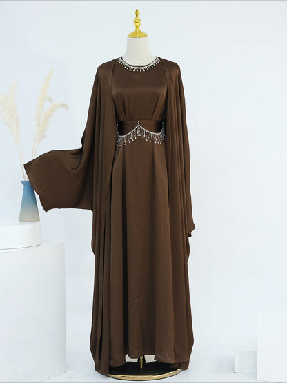 Ramadan Muslim Women 2 Piece Set with Chain Party Dresses Abaya Eid Jalabiya Sashes Diamond Morocco Dubai Kaftan Cardigan Robe