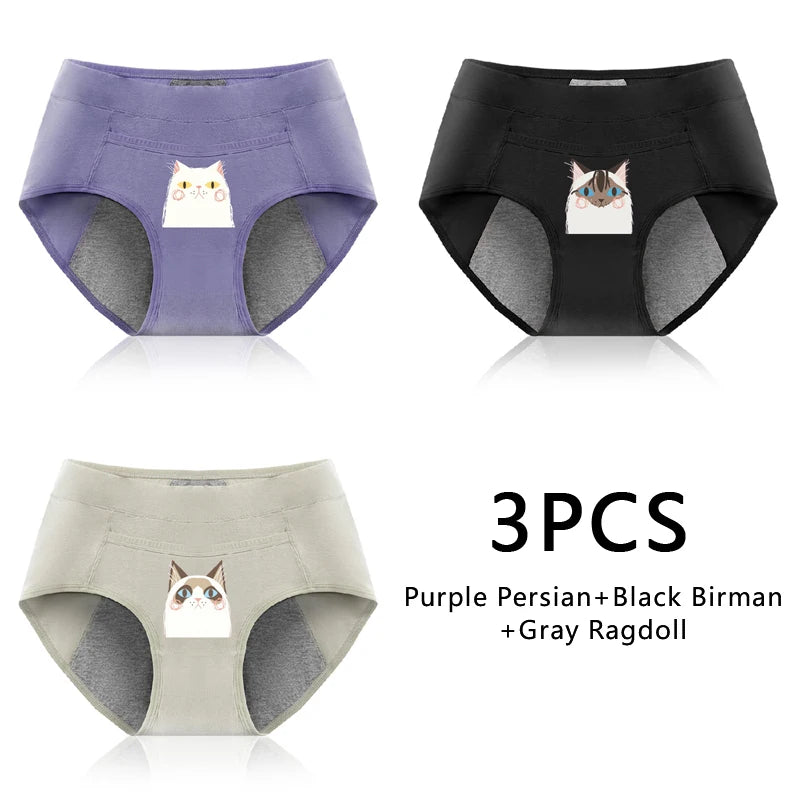 3PCS Cotton Menstrual Panties Leak Proof Breathable Cartoon cat Panties Woman Women Girls Physiological Pants Women's Intimates