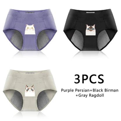 3PCS Cotton Menstrual Panties Leak Proof Breathable Cartoon cat Panties Woman Women Girls Physiological Pants Women's Intimates