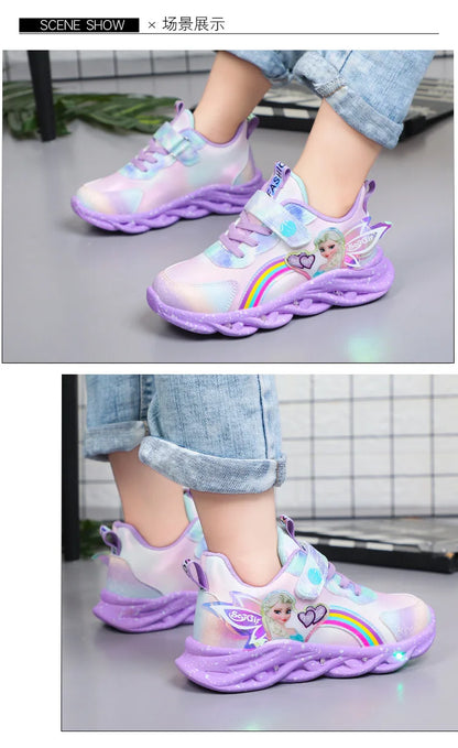 Disney Girls' Casual Shoes Led Lights Mesh Breathable Children's Sports  Princess Elsa Pink Purple Shoes Sneakers Size 22-37.