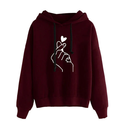 Herbst Fleece Hoodie Einfarbig Finger Herz Mit Kapuze Koreanische Mode Sweatshirts Langarm Top Kordelzug Taschen Lose Hoodies