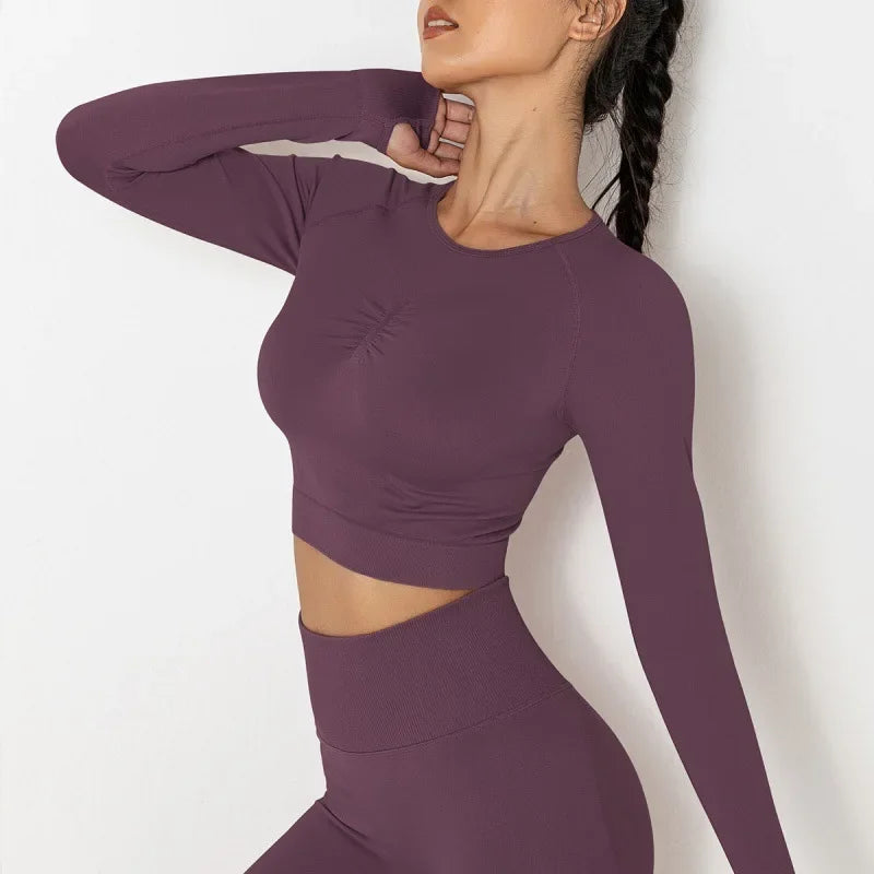 New Seamless Solid Color Peach Tight-fitting T-shirt Fitness Sport Yoga Wear Moisture Absorbing Shaping Long Sleeve Women's.