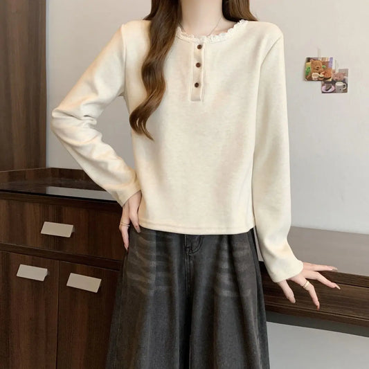 New Autumn and Winter Half-open Lace Front Shoulder Long-sleeved T-shirt Plus Velvet Warm German Velvet Women's Top.