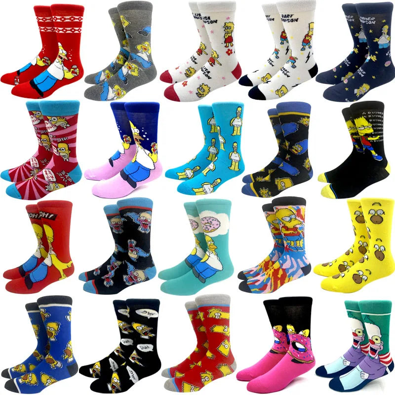 New 1 Pair The Simpsons Harajuku Women Men Socks Cartoon Personality Skateboard Socks Anime Middle Tube Cotton Unisex Socks.