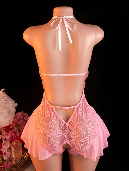 Pink Sexy Lace Bodysuits Crotchless Deep V Open Teddy Babydoll Sheer Sleepwear Elegant & Seductive Erotic Lingerie For Women.