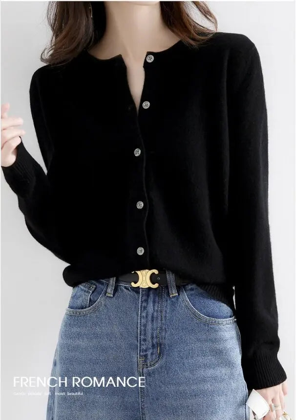 Women Knitted Cardigans Autumn Winter 2025 Round Neck Casual Long Sleeve Tops Solid Basic Soft Sweaters Female.