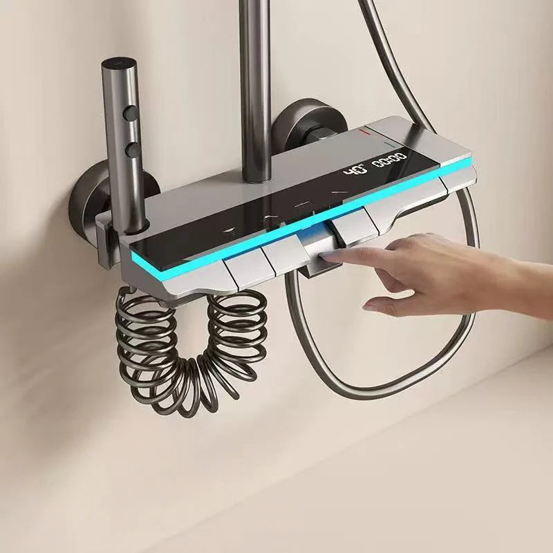 Bathroom Shower System Brass Mirror Surface Temperature-Controlled for Bathtub Faucet with Digital Display, LED Strip