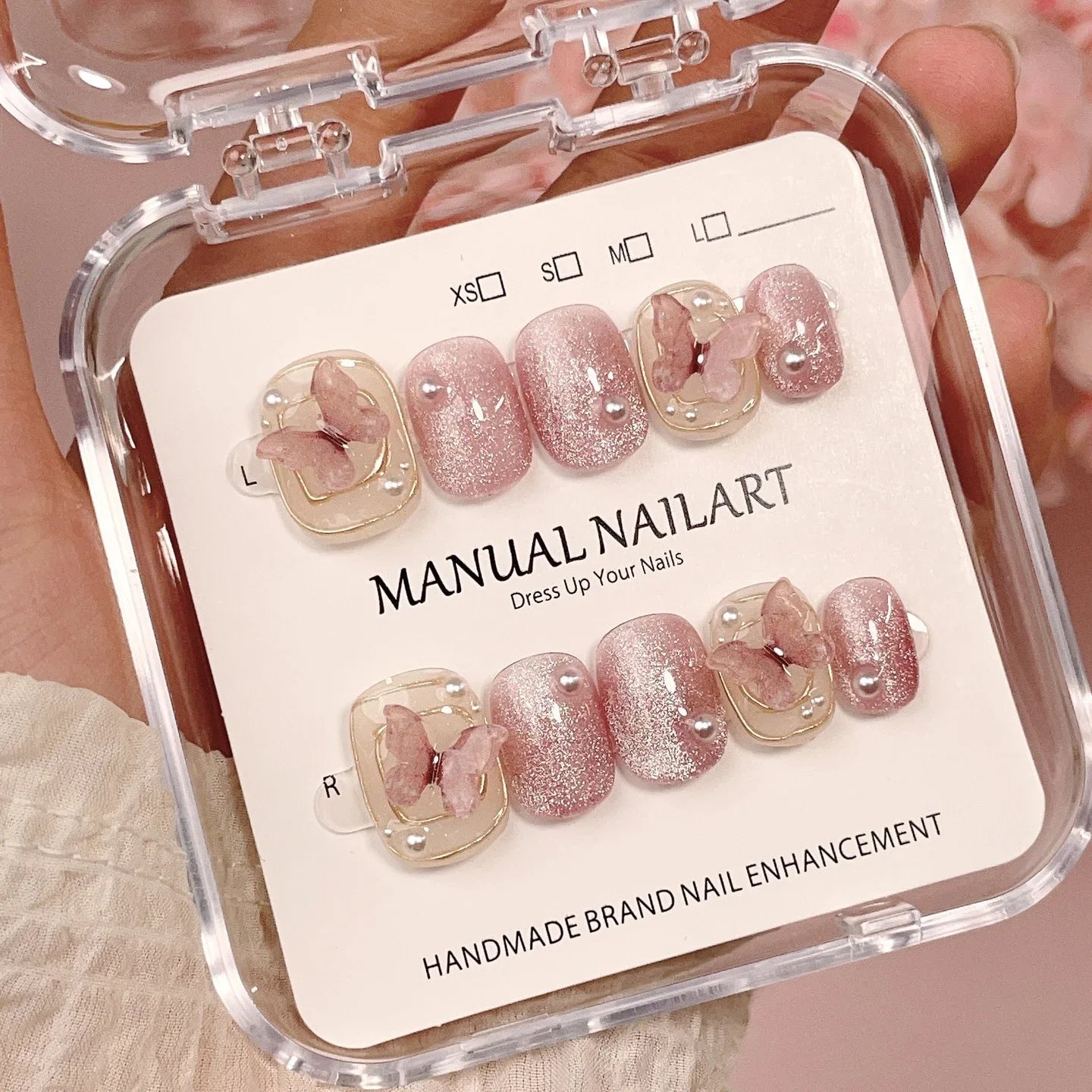 10Pcs Short Handmade Cat Eye Press on Nails Rose Ballet Wearable Rhinestones False Nails Glitter Decoration Manicure Nail Tips.