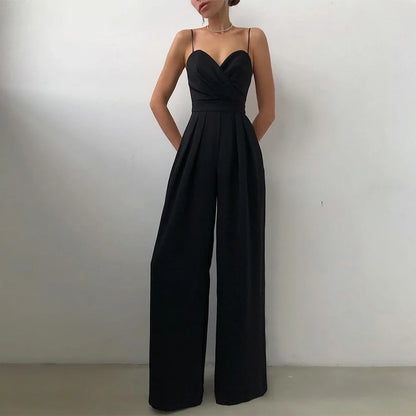 CPSYMYM  Jumpsuits Summer Skinny Fit Chic Folds Sleeveless Sweetheart Neck Full Length Wide Leg Casual Jumpsuits For Women.