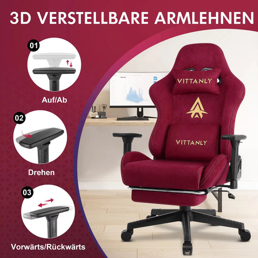 Kitinjoy Gaming-Stuhl, Computer-Bürostuhl mit Fußstütze, höhenverstellbarer Spielstuhl mit 360° ° Drehsitz und Kopfstütze