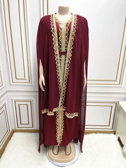Elegant Muslim Abaya for Women Dress 2 Piece Set Chiffon Cloak Caftan Indian Party Dresses Sequins Kinono Robe Vestidos Abayas