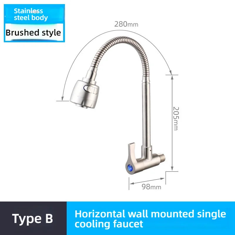 Kitchen Stainless Steel Faucet Wall Mounted Rotate Single Cold Water Sink Tap Household Kitchen Universal Faucet