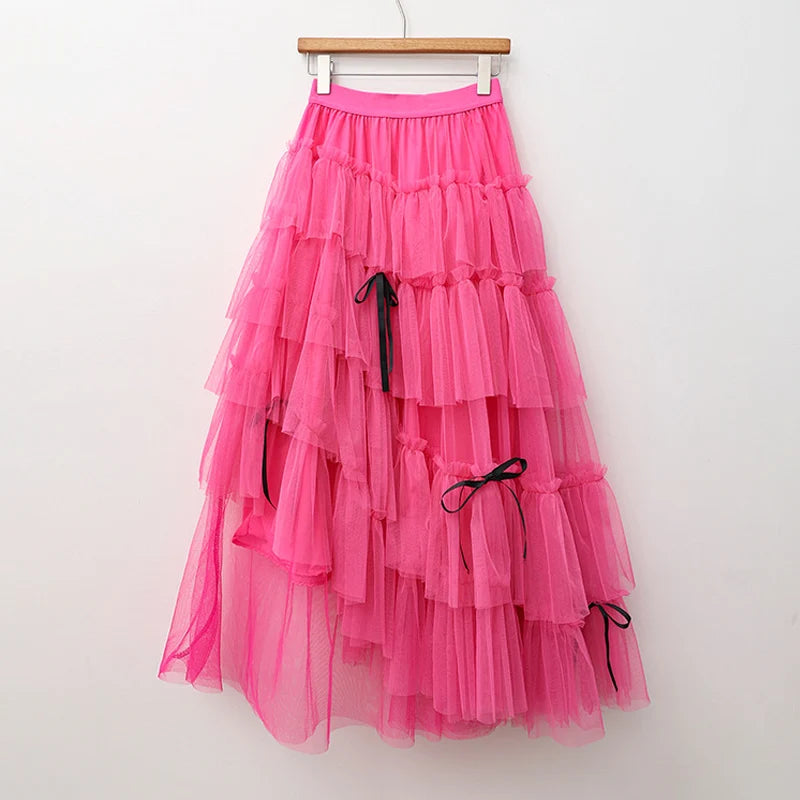 Long Maxi Tulle Skirt Women Sweet Tiered Long Skirt Autumn Winter Women Fashion Korean Mesh Skirt Female Party Skirt Clothes.
