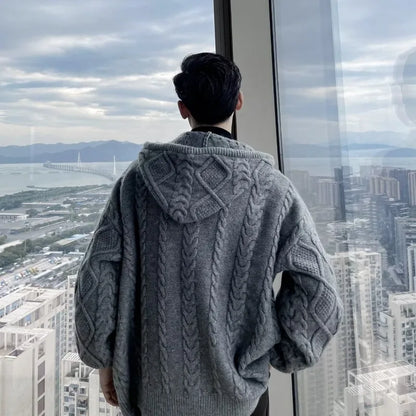 Men's Fashionable Simple Zip-Up Knit Cardigan with Hood - Korean Style Twisted Texture Warm Outerwear for Autumn & Winter.
