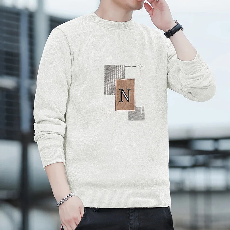 Autumn Winter Fashion Sweater Men's Round Neck Pullovers Fleece Thick Warm Jumpers Pattern Patchworked Men's Clothes