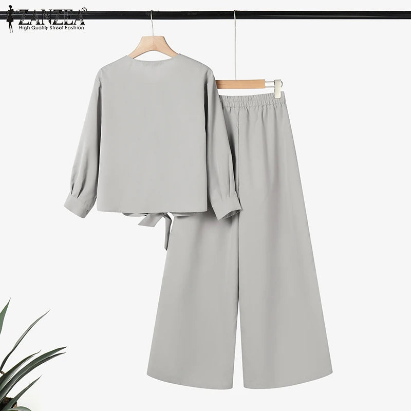 2025 ZANZEA Autumn Outfits 2PCS Women Work Matching Sets Fashion Spring Long Sleeve Blouse Pant Sets Casual Solid OL Tracksuits.