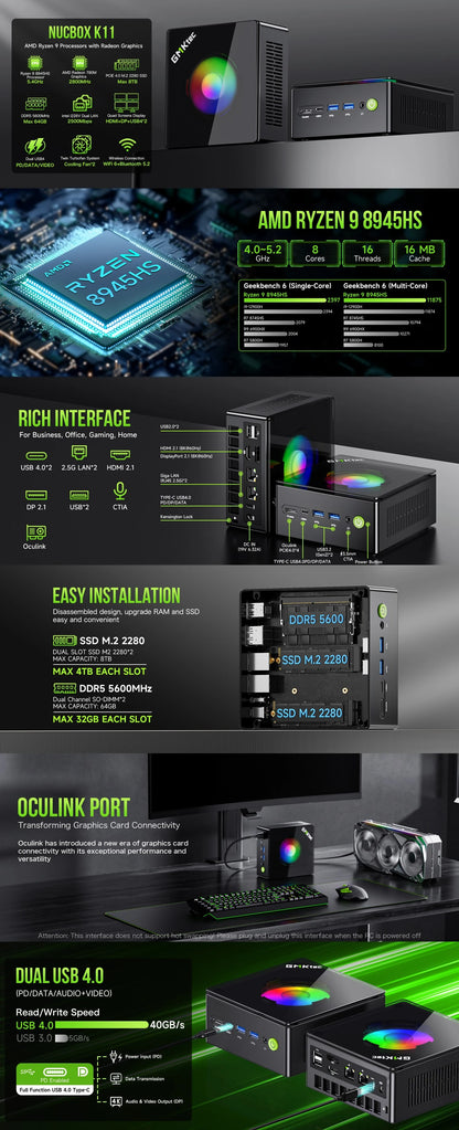GMKtec Gaming Mini PC K11 K8 Plus M7 AMD Ryzen 9 8945HS 8845HS 6850H Computers PC Oculink WiFi 6 USB3.2 USB-C 4.0 BT5.2 DP HDMI.