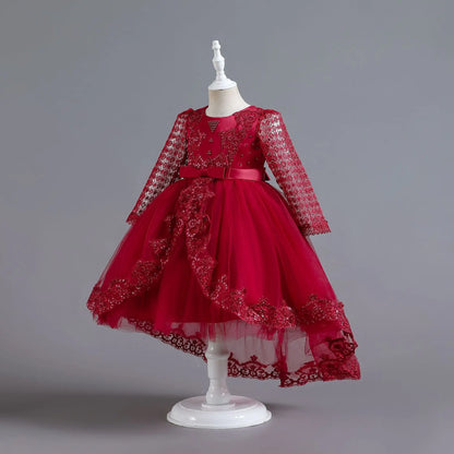 Party-Tüll-Kleider für Mädchen, langärmelig, Spitze, Perlen, nachgestelltes Prinzessinnenkleid für Kinder, Hochzeit, Geburtstag, Performance, Abendkleid