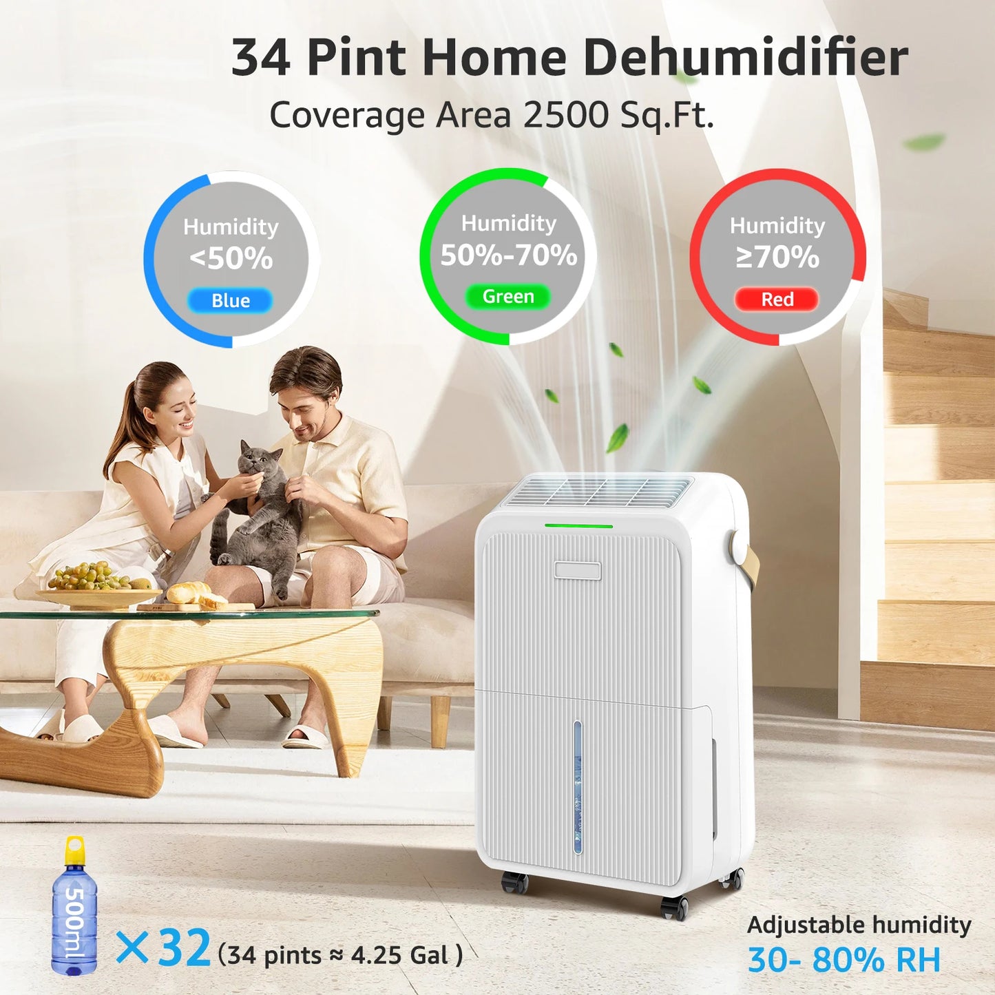 Dehumidifier 16 L/Day, Electric Dehumidifier with Drain Hose 1.2 m, Room Dehumidifier with LED Display.