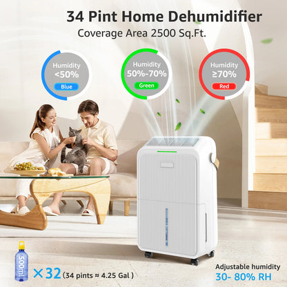 Dehumidifier 16 L/Day, Electric Dehumidifier with Drain Hose 1.2 m, Room Dehumidifier with LED Display.