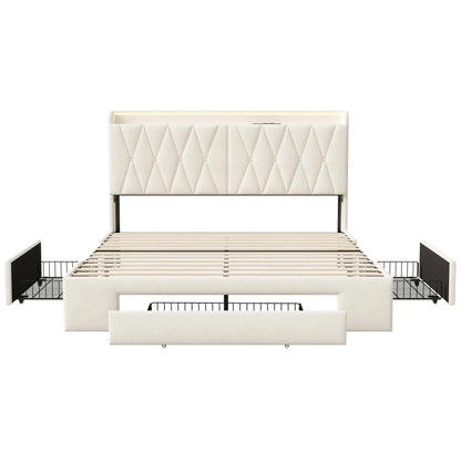 Lazyspace 140 x 200 cm großes Doppelbett mit Kopfteil, gepolstertes Bett mit 3 Schubladen, LED-Beleuchtung, USB Typ C, Samt, Beige, keine Matratze