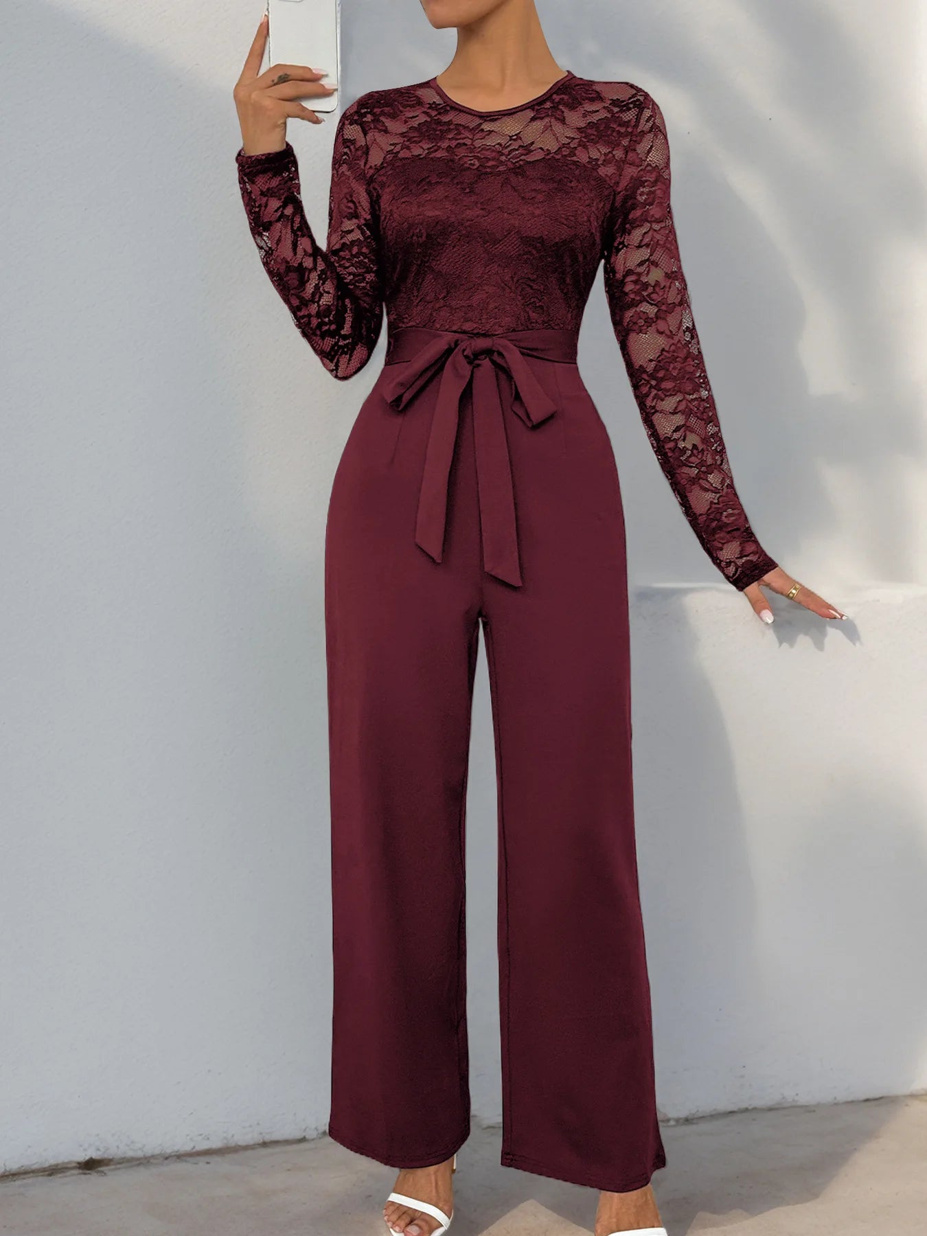 Woman Black Lace Sleeve Jumpsuit Round Neck Belted Waist Ideal for Evening Parties and Cocktail Events