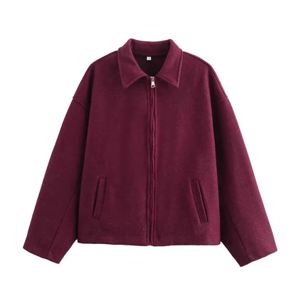 Mode Braun Zipper Woolen Jacke Für Frauen Elegante Revers Langarm Kurze Mäntel Weibliche Vintage Herbst Dame Straße Oberbekleidung