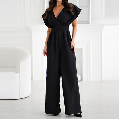Elegant Women Solid Color Slim Playsuits Overalls Office Lady Simple Commuting Rompers Temperament High Waist Wide Leg Jumpsuits.