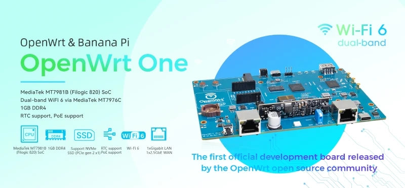 Banana Pi OpenWrt One MediaTek MT7981B 1GB DDR4 2.5GbE RJ45 and Gigabit Ethernet RJ45 256 MiB SPI NAND Open Source Smart Router.
