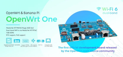 Banana Pi OpenWrt One MediaTek MT7981B 1GB DDR4 2.5GbE RJ45 and Gigabit Ethernet RJ45 256 MiB SPI NAND Open Source Smart Router.
