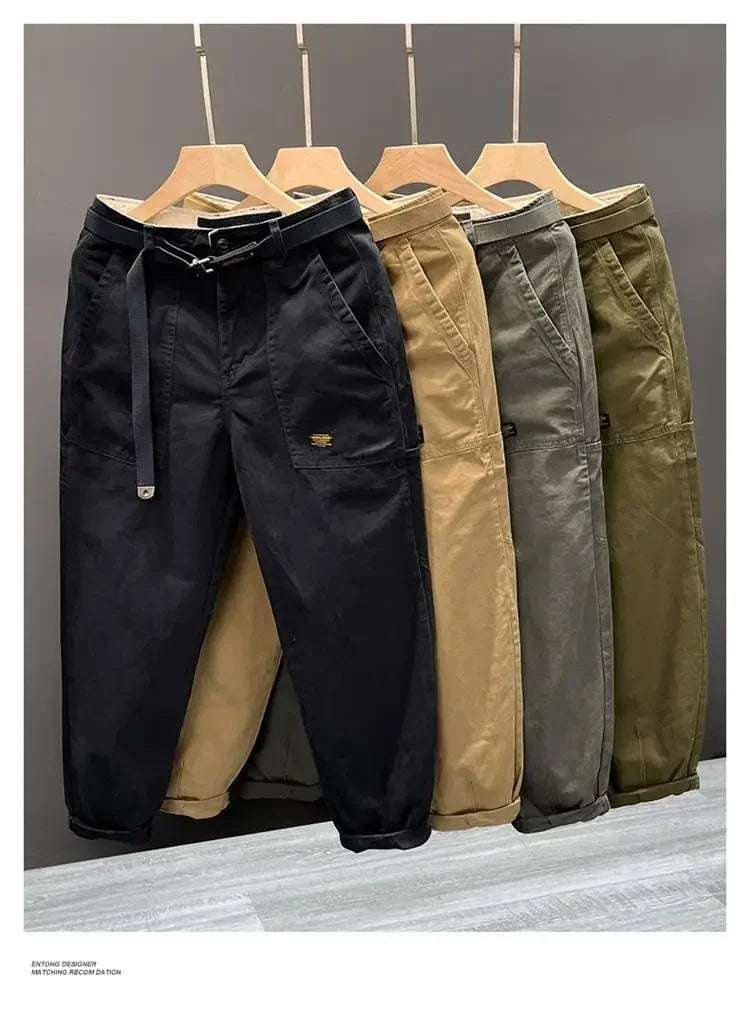 Autumn Summer Wide Leg Cotton Work Trousers Men's Cone Straight Loose Wear Resistant Pocket Pants Retro Wash Casual Workwear.