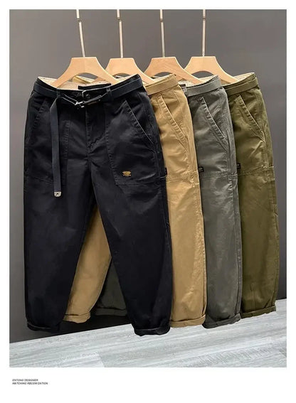 Autumn Summer Wide Leg Cotton Work Trousers Men's Cone Straight Loose Wear Resistant Pocket Pants Retro Wash Casual Workwear.