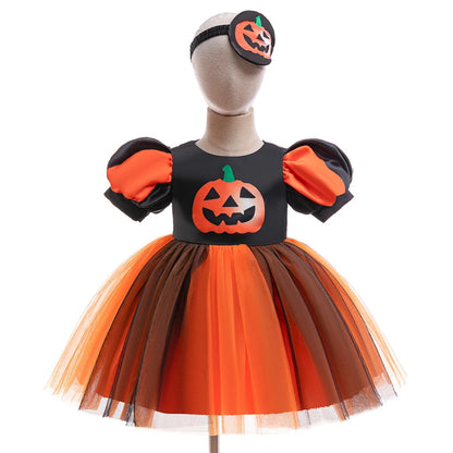 Kleinkind Halloween Kostüm Mädchen Cosplay Hexe Kürbis Skelett Druck Bowknot Kleid Kinder Festival Party Performance Kleidung