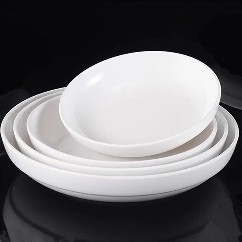 Deep Round Melamine Dinner Plates White Hotel Serving Tray Table Dishes Imitation Porcelain Dishes to Eat Kitchen Dining Sets.