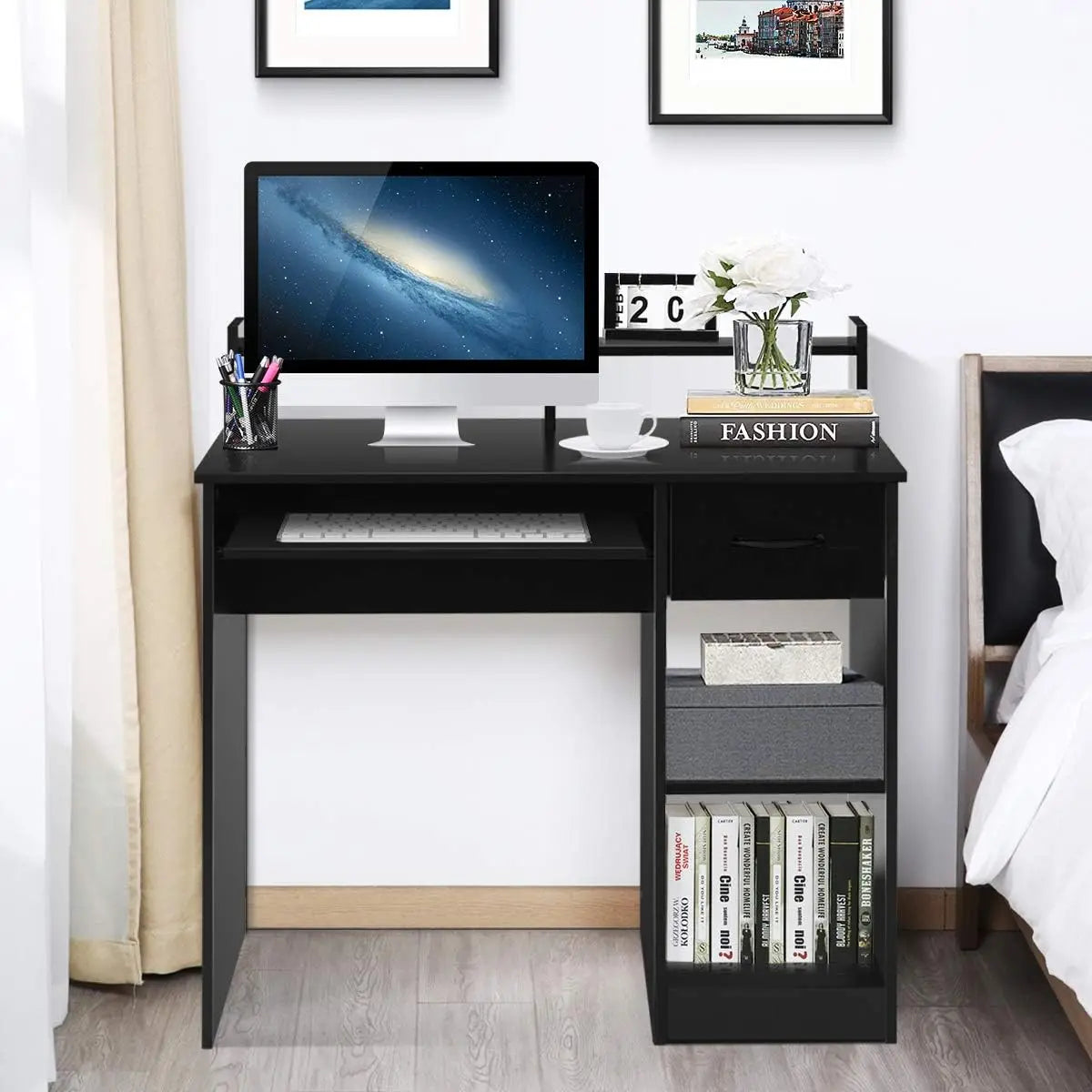 Schreibtisch mit Schublade, Tastaturschublade, Regal und offenen Fächern, platzsparender Computertisch, PC-Tisch, Bürotisch, 90 x 48 x 91,5 cm