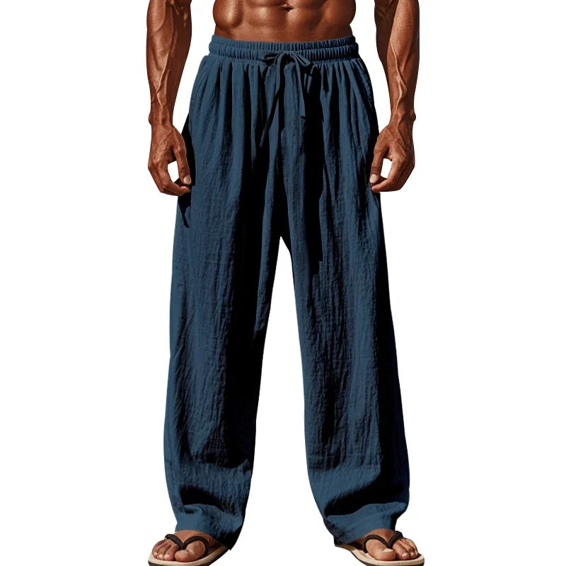Men's Linen Casual Pants Elastic Waist Beach Pants Lightweight Drawstring Summer Yoga Pants Solid Color Beach Pants.