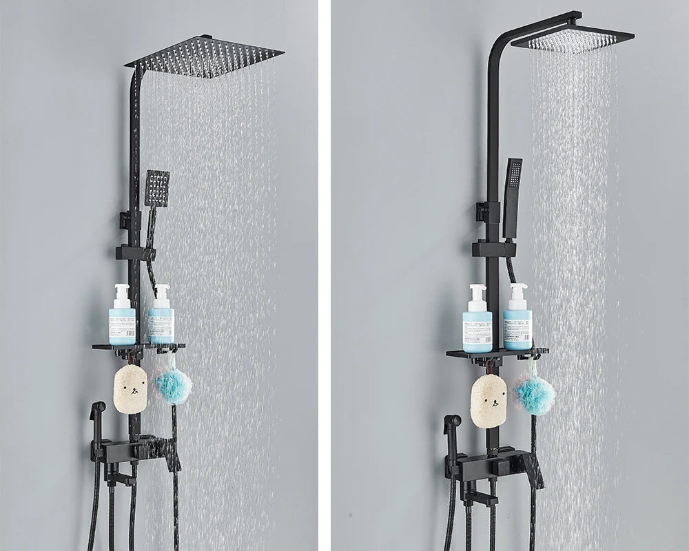 Rainfall Bathroom Shower Faucet Kit With Bidet Wall Mounted Stainless Steel Hot Cold Water Mixer Tap System With Rack,Tub Spout