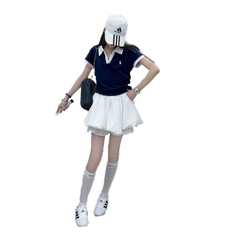 Girls Summer New Fashion Korean Style School Sports Short Sleeve T-Shirt And Bloomers Two-Piece Set White Floral Print Outfit.