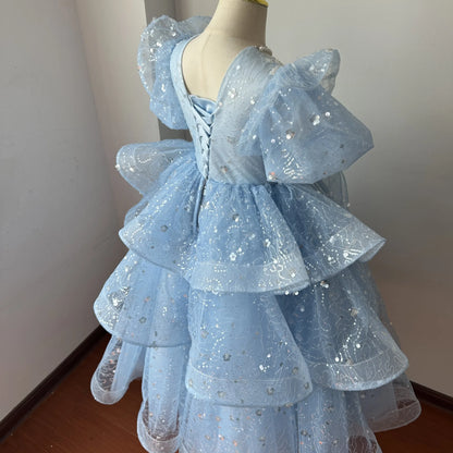Mädchen Kleid 2025 Neue Frühling Elsa Baby Prinzessin Kleid Puffy Tüll Blau Geburtstag Kleine Host Leistung.