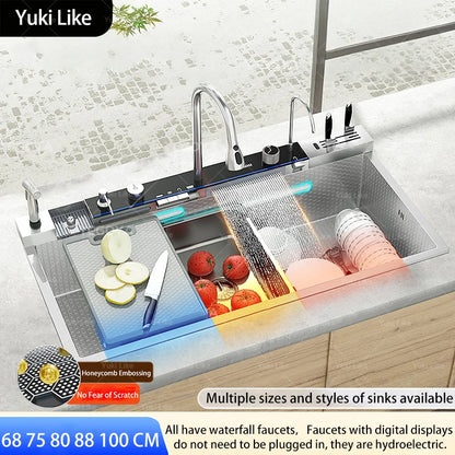 Waterfall Stainless Steel Kitchen Sink Intelligent Digital Display Faucet Large Single Slot Dishwash Bowl Wash Vegetables Basin