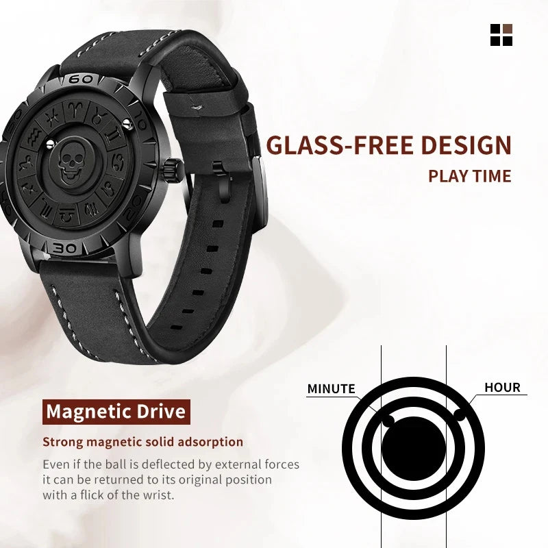LIGE FOXBOX Unique Design Quartz Man Watch Simple Fashion Leather Belt Casual Sports Magnetic Srolling Beads Skull Men's Watches.