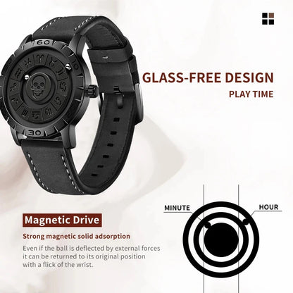 LIGE FOXBOX Unique Design Quartz Man Watch Simple Fashion Leather Belt Casual Sports Magnetic Srolling Beads Skull Men's Watches.