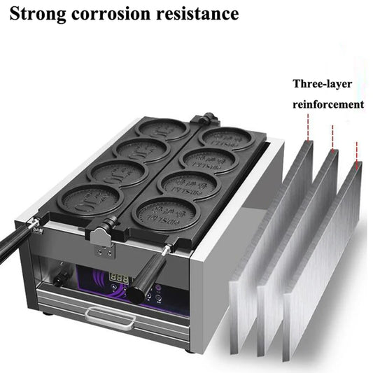 4pcs Non-stick Coating Gold Coin Waffle Machine Korean 10 Won Gold Coin Waffle Maker Machine 3000W Round Coin Cake Machine.