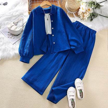 Girls Sets 4-16 Years Shirt Long-Sleeved Coat + Loose Casual Long Pants For Girls Korean Style Suits Summer Fashion Clothes Sets.