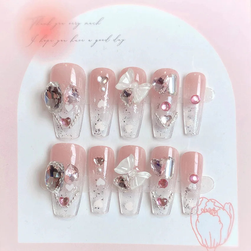 Blush Pink False Nails Bowknot Diamond Pearl 3D Design Press on Nail Tips with Harmless Smooth Edge Nails Woman DIY Fake Nails.
