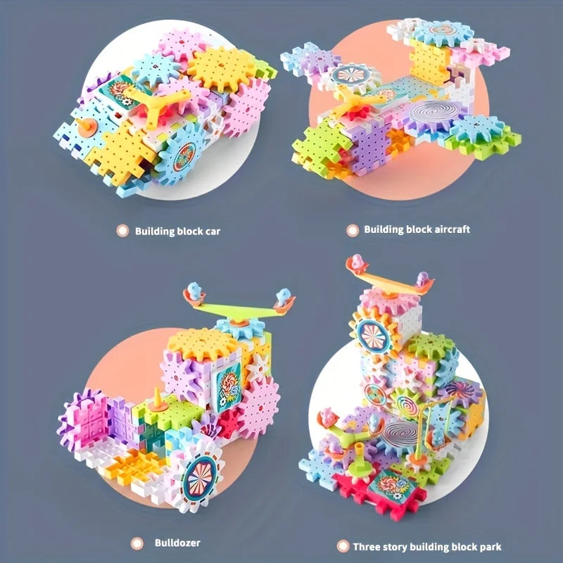 Kids Electric Gear Building Toy Set Motorized Spinning Gears Set Gear Rail Car Big Building Blocks STEM Construction Toy Set.