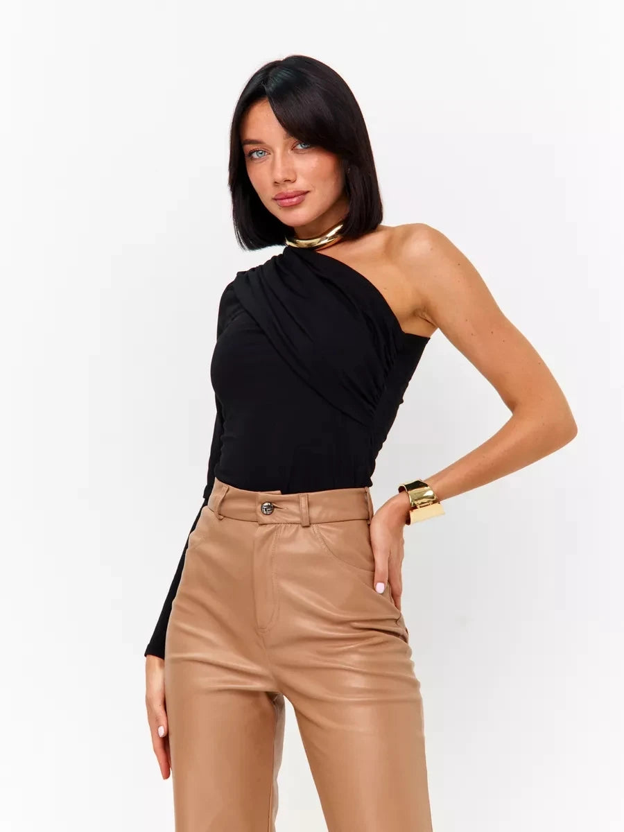 Women's One Shoulder Fit Sexy Night Club Blouse Top Women's Long Sleeve Fitted Elegant With Open Shoulder And Draping Shirt Top.